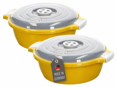 Produktbild von 2 Stück Set Mikrowellenschüssel mit Deckel und Dampfventil Volumen 1,8 Liter Mikrowellenbehälter Gelb rund Mikrowellen Kühlschrank Picknick Schüssel