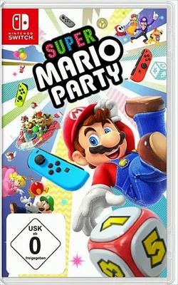 The image is a product shot of the Super Mario Party video game for Nintendo Switch, featuring Mario and other characters from the franchise, along with game elements like dice and controllers.