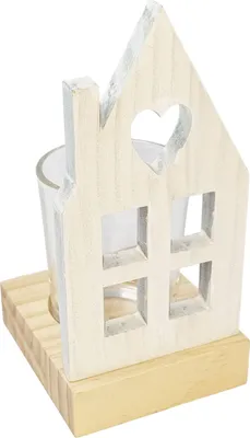 Produktbild von Teelichthalter auf Holzsockel | Haus Silhouette | 14,5 cm | Holz | Weiß