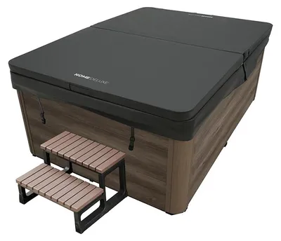 Produktbild von HOME DELUXE - Outdoor Whirlpool - White Marble Plus Treppe und Thermoabdeckung - Maße 210 x 160 x 85 cm - Inkl. Heizung, 27 Massagedüsen und 9 Lichtquellen I Außen Whirlpool Spa für 3 Personen