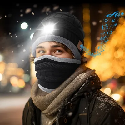 Produktbild von LED-Kopfhörer-Mütze, Nackenwärmer-Set, Wintermütze, gestrickt, elastisch, weicher Stoff, wiederaufladbar, hohe Helligkeit, wasserdicht, LED-Licht, Camping, Nachtjoggen, Uni, Bluetooth-kompatibles Beanie-Schal-Set, Schwarz/Grau
