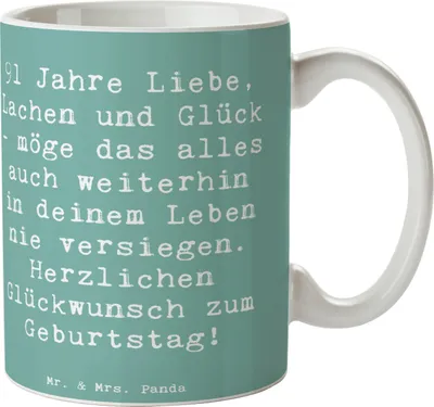 Produktbild von Mr. & Mrs. Panda Tasse Spruch 91. Geburtstag - Meeresbrise - Geschenk, kaffeetasse bedruckt, Happy Birthday, Becher, Herzlichen Glückwunsch, Trinkbecher, 91 Jahre, Pott