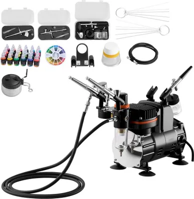 Image de Kit aérographe 1/6 PS - Avec compresseur d'air et 3 pistolets Dual Action Airbrush - 3 buses (0,3/0,3/0,35mm) - Contient tuyau & peinture acrylique - Pour la décoration de gâteaux, la peinture de modèles et l'art des ongles - Silencieux