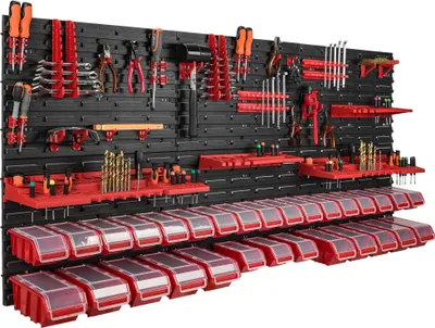 Produktbild von 30 Stapelboxen Wandregal Kunststoff Deckel 172 x 78 cm Werkzeughalter Werkstatt Garage  Lagersystem Sichtlagerkästen Schütte