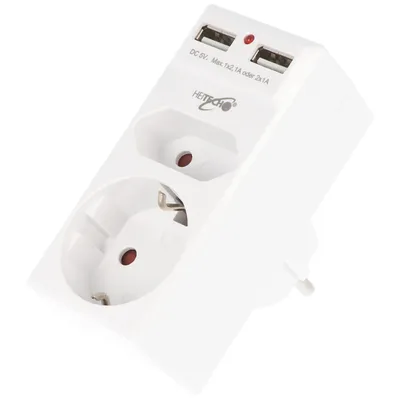 Obrázek produktu pro Heitech 6x adaptér do dvou zásuvek s 1 portem USB a 1 portem USB Type-C, max. nabíjecí proud 2,1 A