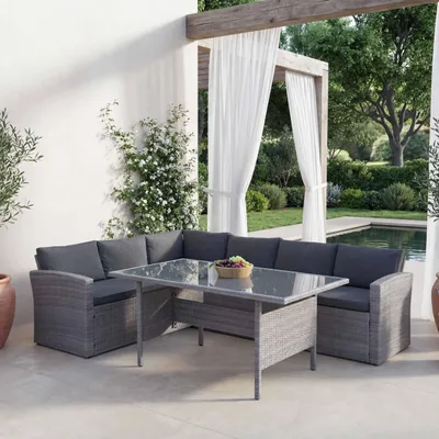 Produktbild von Poly-Rattan-Garnitur HWC-A29, Gartengarnitur Sitzgruppe Lounge-Esstisch-Set Sofa  grau, Kissen grau