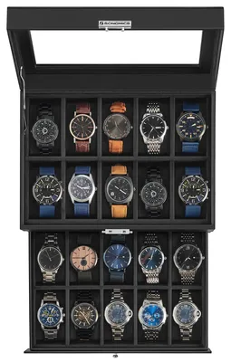 Produktbild von SONGMICS Uhrenbox mit 20 Steckplätzen, Uhrengehäuse mit Glasdeckel, 2 Schichten, abschließbares Uhrenvitrine, schwarzes Kunstleder, schwarzes Futter UJWB020B01 – Black + Black, Größe 2-stöckig