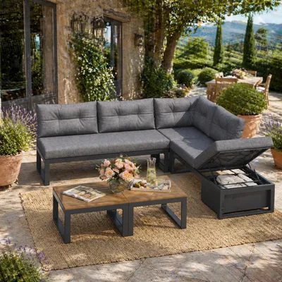 Produktbild von Mehrzweck-Gartenmöbelset mit 3-stufig verstellbarer Rückenlehne und Liegefunktion, Komfortpolstern,Stauraum und wetterfester Polyesterbezug,grau