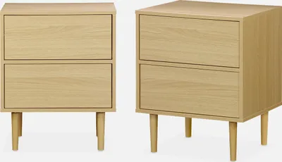 Two identical bedside tables are shown from different angles against a white background.