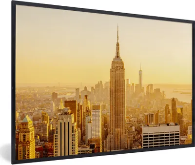 Produktbild von MuchoWow® Gerahmtes Poster Goldener Sonnenuntergang am Empire State Building in New York 90x60 cm - Poster mit Schwarzem Bilderrahmen Wandposter Rahmen Foto Bilder - Fotorahmen - Foto-Plakat