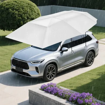 Zdjęcie produktu dla Namiot samochodowy 4,6 m – półautomatyczna wiata garażowa – składana – przenośna – osłona przeciwsłoneczna – metalowa rama – włóknina – zdejmowana – srebrna