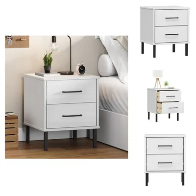 Image de vidaXL Table de nuit OSLO avec pieds métalliques Blanc Pin massif - Tables de chevet