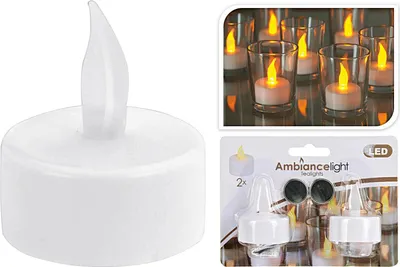 A collage of LED tea lights, showing a single product, a group of products in glass holders, and a product package.