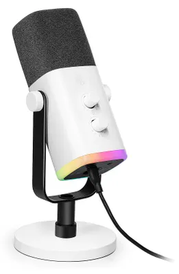 A white and black gaming microphone with RGB lighting on a white stand, connected by a black USB cable.