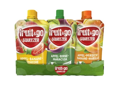 Produktbild von fruit&go SQUEEZER Fruchtpüree Mischkarton 18x100g, 3 Sorten, 6xApfel/Banane/Erdbeere, 6xApfel/Pfirsich/Banane/Marille, 6xApfel/Birne/Maracuja