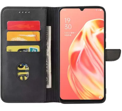 Produktbild von Geeignet für Oppo A91 Handytasche Kunstleder mit magnetischer Lippe und Kartenhalter Buchhülle mit Klappe - Schwarz - Smartphonics