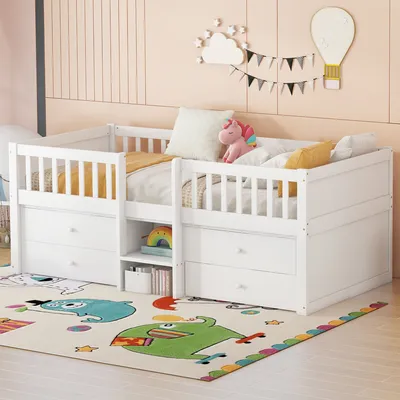Produktbild von Flieks Kinderbett Etagenbett 90x200cm mit 4 Schubladen, Niedriges Hochbett mit Treppe, Stockbett mit Rausfallschutz, Holzbett Einzelbett Weiß