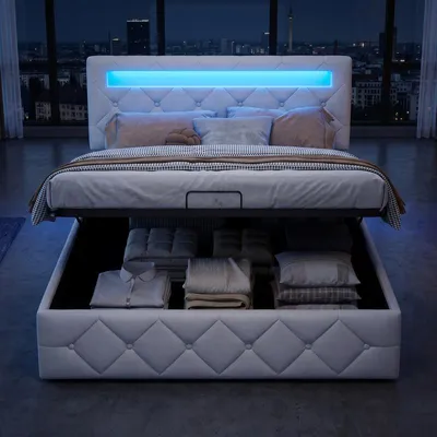 Productafbeelding van ProximaX Modern gestoffeerd bed 140x200 cm in abrikozenkleur, met LED-verlichting, USB-oplaadpoort en gasliftmechanisme – Dubbelbed met ruime opbergruimte onder het slaapgedeelte en een gestoffeerd hoofdeinde van stof