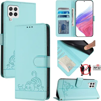 Produktbild von Leder Hülle für Samsung Galaxy A22 4G Süße Katze Flip Case Brieftasche Schutzhülle mit Standfunktion hellgrün