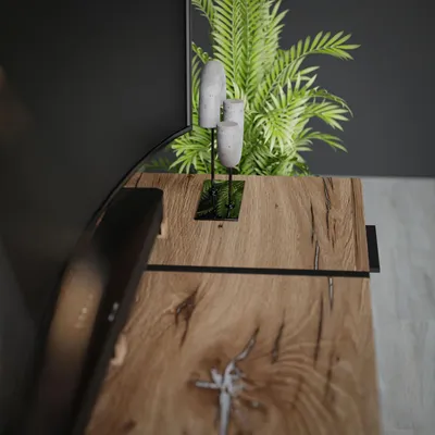 Close-up of a wooden TV stand with decorative objects and a plant.