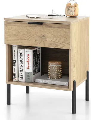 A product shot of a nightstand with items on top and inside.