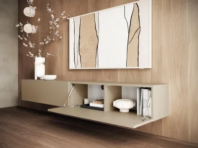 A modern living room with a wall-mounted TV lowboard.
