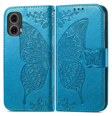 A blue flip phone case with a butterfly design.