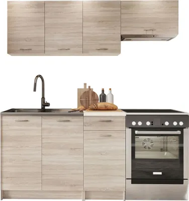 Produktbild von Küche 180 cm - mit beiger Arbeitsplatte - Sonoma Eiche - Küchenzeile - 5 Küchenschränke - Küchenblock - Singleküche - MELA