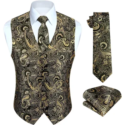 Productafbeelding van Herenset: Vest, das, en zakdoek, goud en zwart, jacquard, 100% zijde