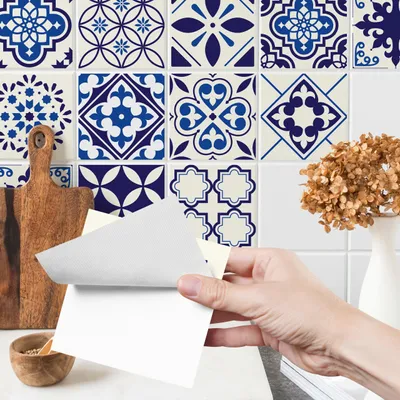 Produktbild von Fliesenaufkleber Klebefliesen Selbstklebende Fliesen für Küche Bad Möbel Schrank Wand Mosaikfliesen Küchenruckwand Blau marokkanisches Mosaik Ornamente Br. 120cm x Hö. 80cm