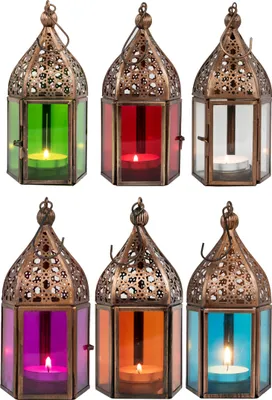 Produktbild von Orientalische Laternen 6 Set Laterne Meena bunt 16cm | 6x Orientalisches Windlicht aus Metall & Glas in 6 Farben | Marokkanische Glaslaterne für draußen als Gartenlaterne, Innen als Tischlaterne