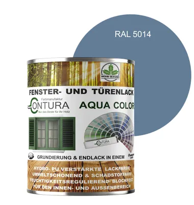 Produktbild von Contura 750ml Fenster und Türenlack Seidenmatt nach RAL 2in1 mit Pinsel Möbellack Innen und Außen Holzlack - RAL 5014 Taubenblau