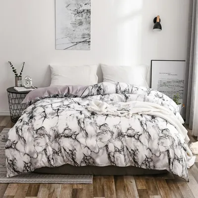 Image de Ensemble de literie 3 pièces en polyester marbré, comprenant une housse de couette et une taie d'oreiller, format lit double européen (blanc)