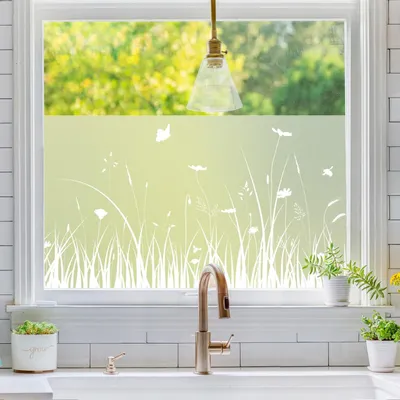 Produktbild von Fensterfolie 44.5 x 200 cm, weiß, Graspflanzenmuster, Sichtschutzfolie für Wohnzimmer