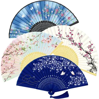 Immagine prodotto di Set di 4 ventagli in bambù e seta, color bianco, con motivo a fiori di pesco e frange, dimensioni 38x21 cm