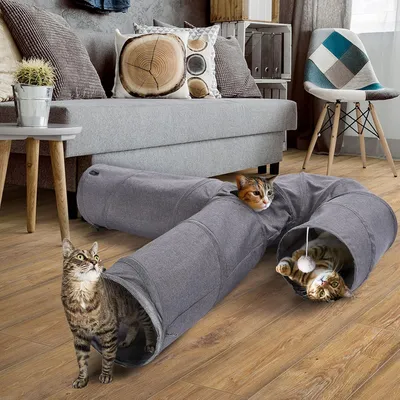 Produktbild von 3-Wege Spieltunnel für Katzen - grau mit Ball und Katzenspielzeug