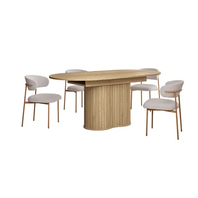 Produktbild von Ausziehbarer Tisch WILLOW 180–220 mit Stühlen ELYSE Eiche + Hellbeige