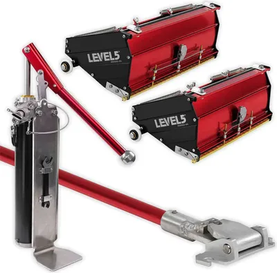 A set of drywall finishing tools, including two flat boxes and a loading pump with a handle, displayed against a white background.