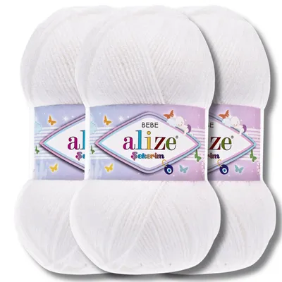 Zdjęcie produktu dla Alize 3x 100g, włóczka "Sekerim Bebe" w kolorze białym (55), idealna do szydełkowania i robienia na drutach