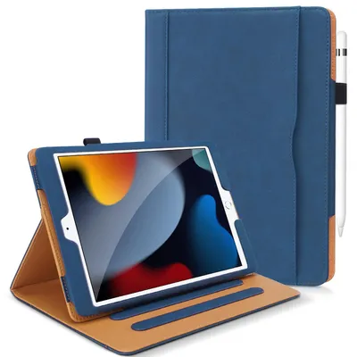 Obrázok produktu pre Ochranné puzdro pre iPad 9./8./7. generácie, 10,2 palca, vyrobené zPolyuretánkože, tmavomodrej farby, s integrovaným stojanom a funkciou automatického uspávania/prebúdzania