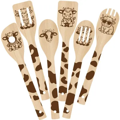 Productafbeelding van Bamboe keukengerei set - 6-delig met koeienmotief - voor in de keuken - 6,1 x 30 cm