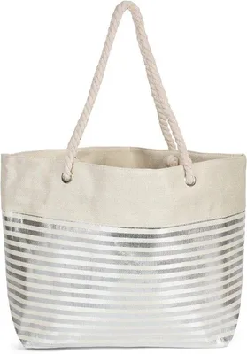 Zdjęcie produktu dla Ibenzoa® Duża torba plażowa o wymiarach 58x38x20 cm, z błyszczącymi, metalicznymi paskami, zamkiem i wewnętrzną kieszenią, wykonana z lekkiego poliestru, z bawełnianym sznurkiem – torba plażowa XXL / torba na weekend