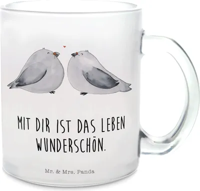 Produktbild von Mr. & Mrs. Panda Tee Tasse Turteltauben Liebe - Transparent - Geschenk, Hochzeitstag, Pott, Glasbecher, Freund, Teetasse, Freundin, Häferl, Trinkglas, glücklich