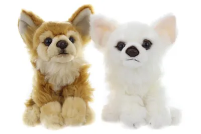 Two plush chihuahua dogs, one brown and white, the other white, are sitting side-by-side against a white background.