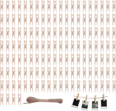 Zdjęcie produktu dla Mini Drewniane Klamry 3,5 cm, 150 sztuk, z Jutowym Sznurem 10 m, do Zdjęć i Dekoracji, na Imprezy
