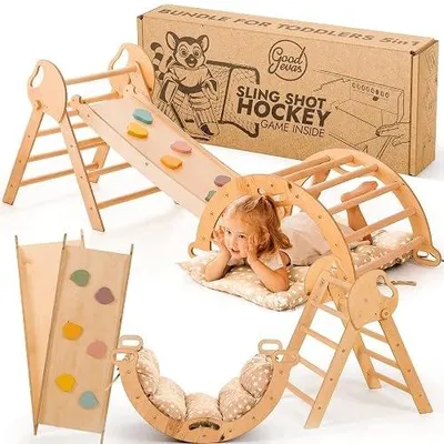 Zdjęcie produktu dla Rama wspinaczkowa drewniana montessori ze zjeżdżalnią składana dla dzieci 1