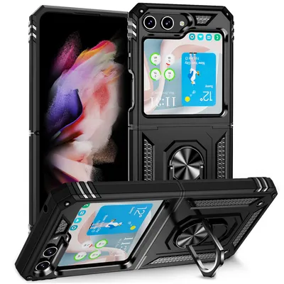Immagine prodotto di Custodia per Samsung Galaxy Z Flip 5 a doppio strato robusta, protezione militare con supporto ad anello e supporto nero