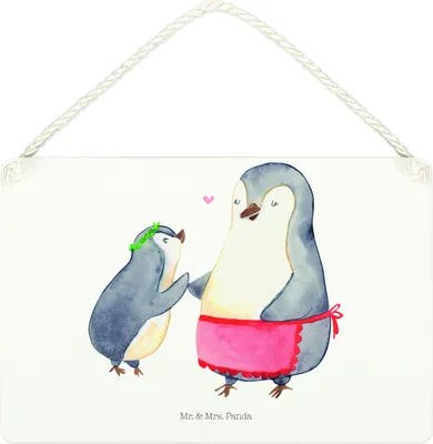 Produktbild von Mr. & Mrs. Panda Holzschild Pinguin mit Kind DIN A4 - Weiß - Geschenk, Familie, Muttertag, kleine aufmerksamkeit, wandtafel, Wandschild, Türschild, Schild, Mama, Mutter