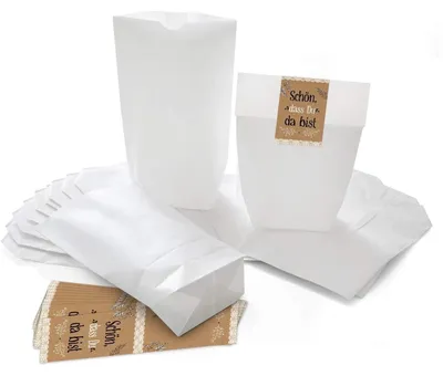 Produktbild von 10 kleine weiße Kreuzbodenbeutel 14 x 22 x 5,6 cm + 10 Aufkleber 5 x 15 cm DANKE rot graue HERZEN - Papier-Tüten give-aways Mitgebsel Verpackung als Dankeschön für Gäste Kunden Freunde"Schön, dass du da bist" braun weiß