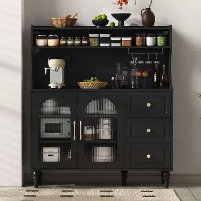 Produktbild von Highboard Küchenschrank mit verstellbaren Regalen Schubladen Riffelglas Wohnzimmer Natur